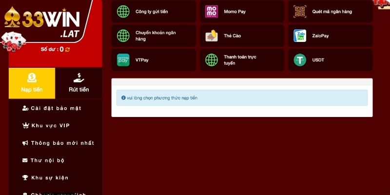 Nạp tiền 33WIN hiện nay hỗ trợ đa phương thức